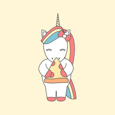 sevimli çizgi vektör çizim pizza yemek unicorn ile 