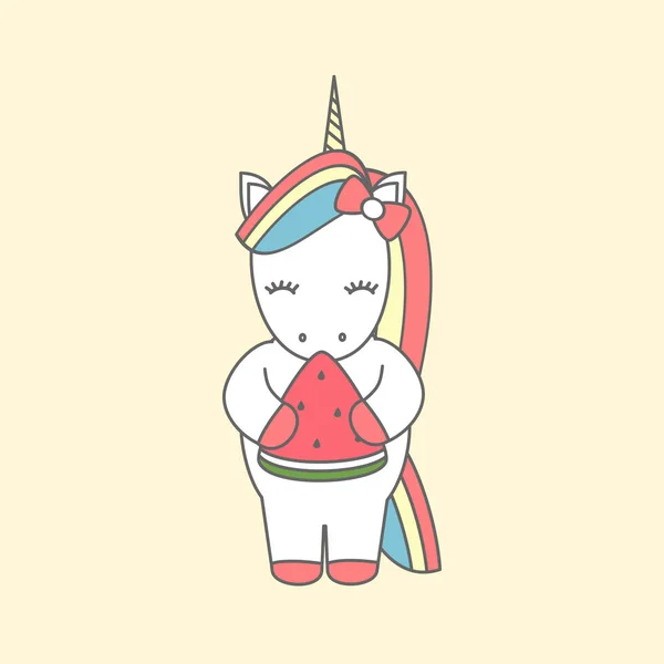 Drăguț Desen Animat Vector Ilustrare Unicorn Mananca Felie Pepene Verde — Vector de stoc