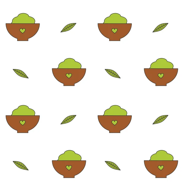 Sevimli Çizgi Matcha Toz Yeşil Çay Yaprak Sorunsuz Vektör Desen — Stok Vektör