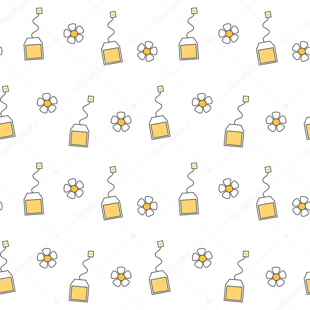 cute cartoon chamomile tea bags seamless vector pattern background illustration