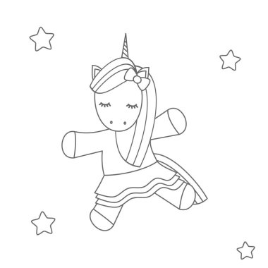 sevimli çizgi siyah ve beyaz dans eden tek boynuzlu at vektör