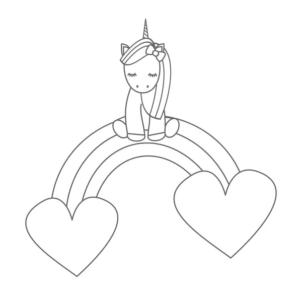 Drăguț Desen Animat Unicorn Așezat Curcubeu Inimi Vector Ilustrație Alb — Vector de stoc