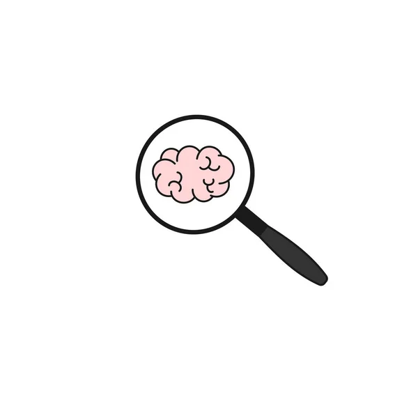 Cute Cartoon Vector Doodle Icon Magnifying Glass Brain — Stock Vector