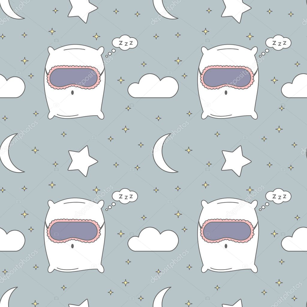 cute cartoon pillow with sleeping mask seamless vector pattern background illustration