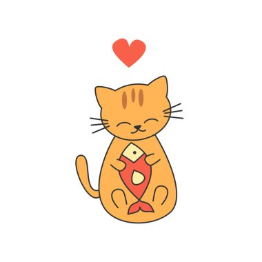 Kırmızı balık köfteli mutlu kedi yavrusu komik vektör çizimi