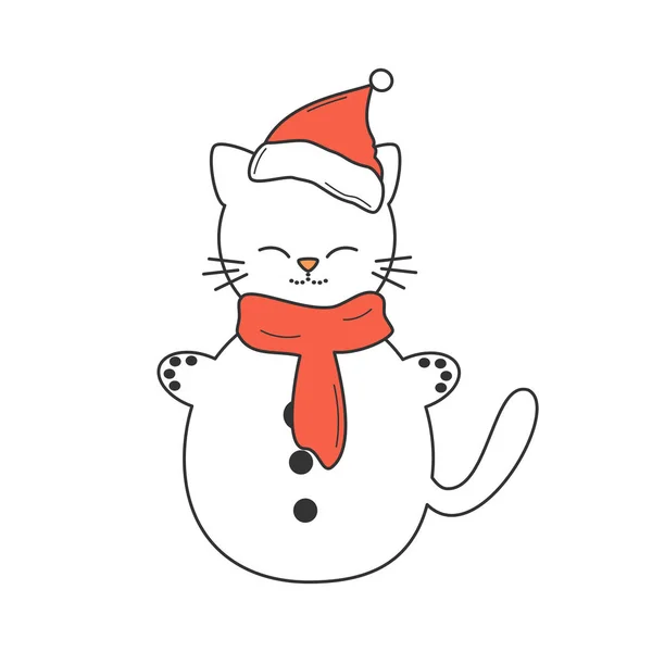 Niedlich Cartoon Katze Schneemann Vektor Ferien Illustration Isoliert Auf Weißem — Stockvektor