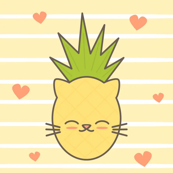 Cute Cartoon Vector Hand Drawn Cat Pineapple Card — ストックベクタ