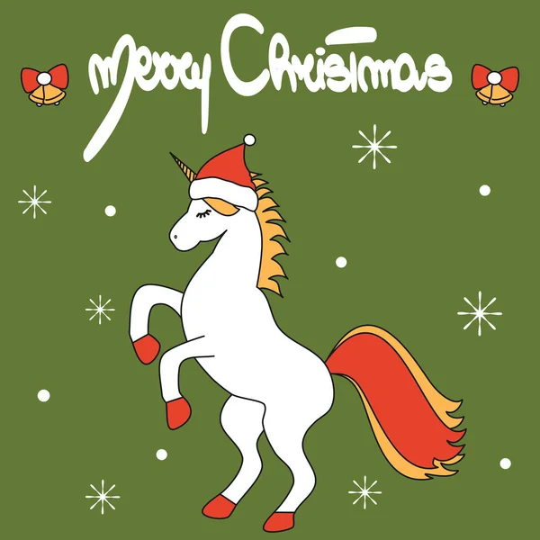 かわいい漫画手描きレタリングメリークリスマスベクトルカードイラストでユニコーンとともにサンタの帽子と雪の結晶緑の背景 — ストックベクタ