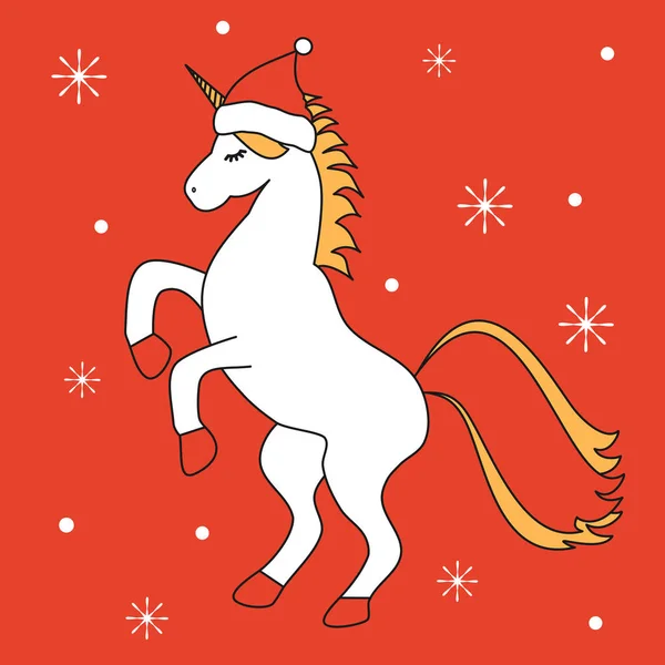 Lindo Dibujo Animado Navidad Vector Ilustración Con Unicornio Con Sombrero — Vector de stock