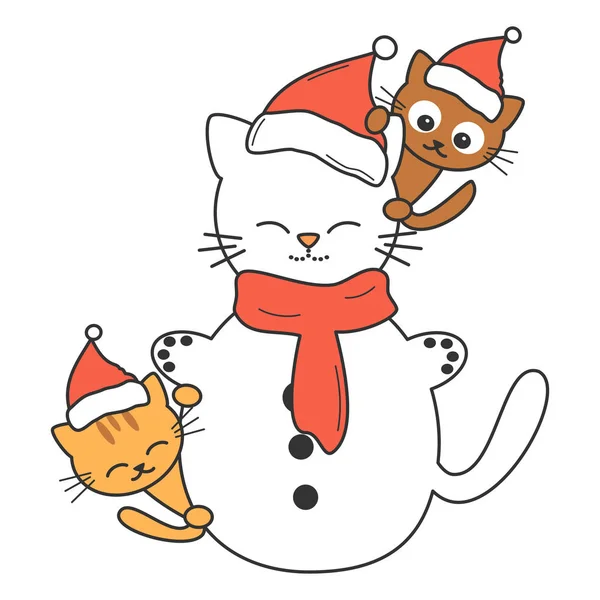 Niedlichen Cartoon Katze Schneemann Mit Kätzchen Vektor Urlaub Illustration Isoliert — Stockvektor