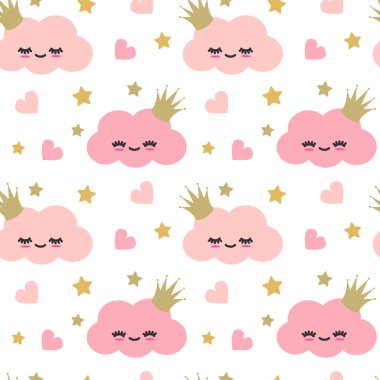 Altın kaplamalı sevimli pembe bulutlar. Kusursuz vektör desenli arka plan. Kalpli ve altın yıldızlı çizimler.