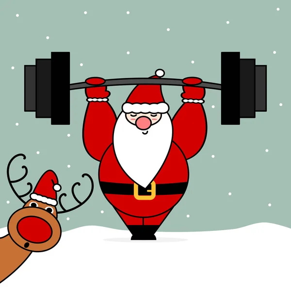 Karda halterli Noel Baba karakteri. Ren geyikleriyle komik vektör bayramı çizimi.