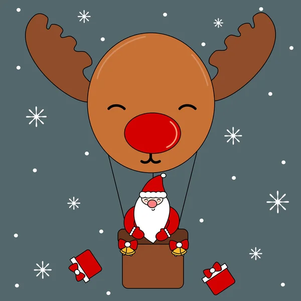 Noel Baba Nın Ren Geyiği Sıcak Hava Balonuyla Uçtuğu Şirin — Stok Vektör