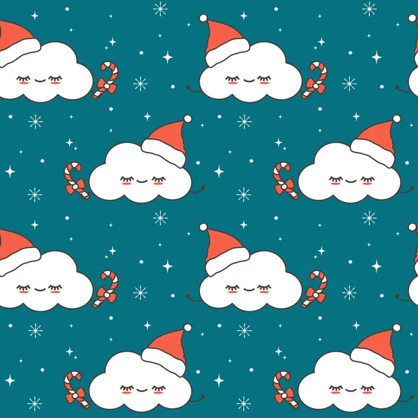 Cute Cartoon Character Cloud Santa Claus Hat Candy Cane Sky — Stock Vector