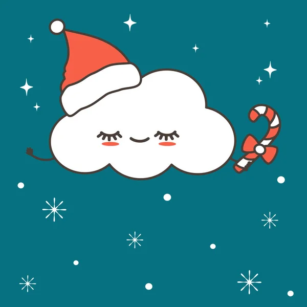 Carino Personaggio Dei Cartoni Animati Nube Con Cappello Babbo Natale — Vettoriale Stock
