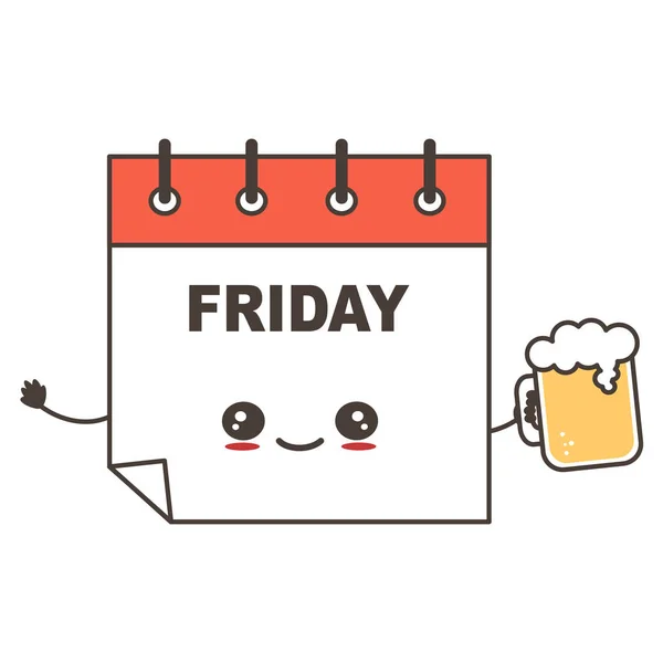 可爱的卡通人物快乐的日历人物周五与一杯啤酒有趣的矢量插图 — 图库矢量图片