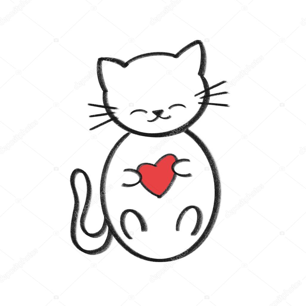 cute cartoon hand drawn black and white cat holding red heart