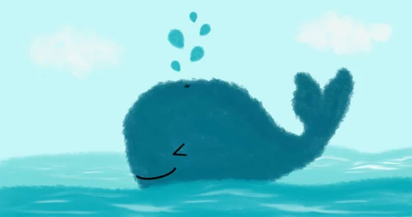 可爱的卡通快乐的小鲸鱼在海里滑稽的例子 — 图库照片