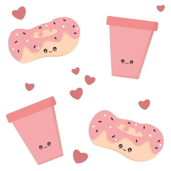 Cute Cartoon Seamless Pattern Background Illustration Character Donuts Hearts Coffee — 图库照片