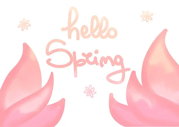 Hello Spring Gradient Hand Drawn Lettering Background Illustration Leaves Flowers — ストック写真