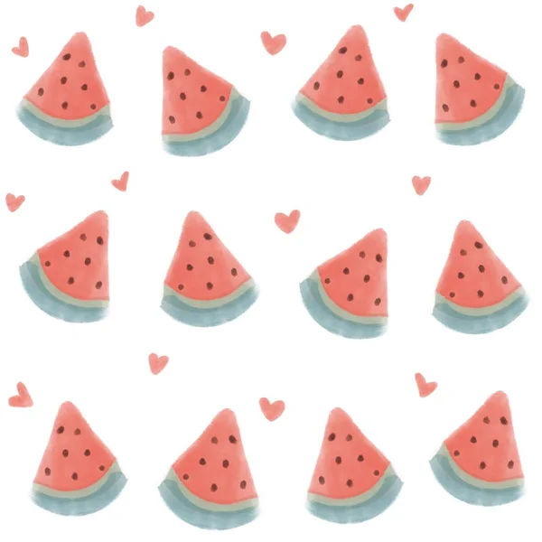 Cute Summer Seamless Pattern Background Illustration Watercolor Watermelons Slice Hearts — 스톡 사진