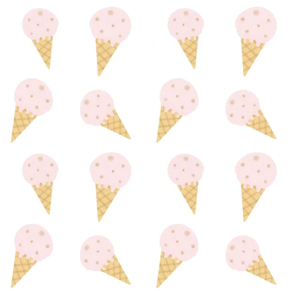 Cute Hand Drawn Pink Gold Cone Ice Cream Seamless Pattern — Stock Photo, Image