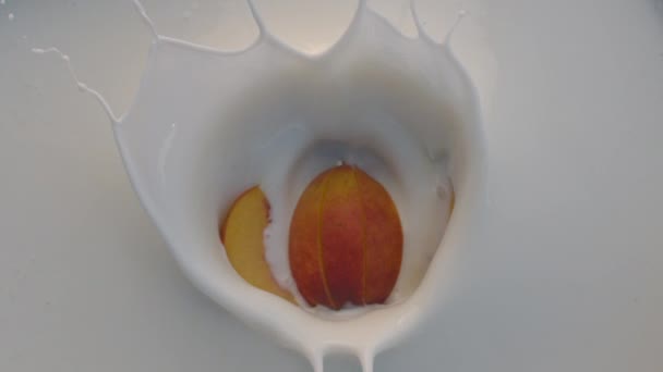 Плоди персика впадаючи білий рідких йогурт з бризки — стокове відео