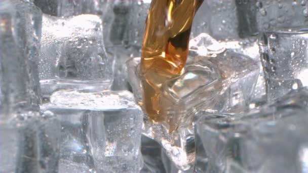 Whiskey Splash Στον Πάγο Μέσα Ένα Ποτήρι Υψηλή Ταχύτητα — Αρχείο Βίντεο