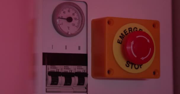 Kırmızı Alarm Işıkları Ile Kırmızı Alarm Durdurma Düğmesine Basılıyor Elektrik — Stok video