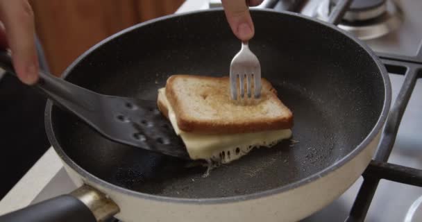 Sandwich Una Sartén Con Pan Tostado Queso Cámara Roja — Vídeo de stock