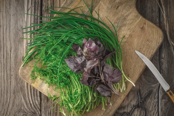 Čerstvé bylinky a nůž na prkně — Stock fotografie