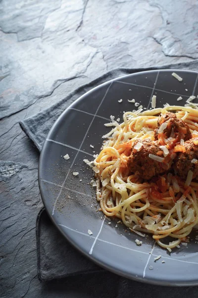 Spaghetti with meatball  on the stone background  vertical — Stock Photo, Image