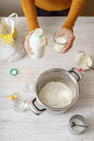 Ingredients for cooking dough pizza on the white table — Stock Photo, Image