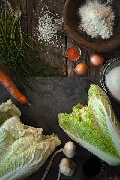 Quadro dos ingredientes para kimchi na mesa — Fotografia de Stock