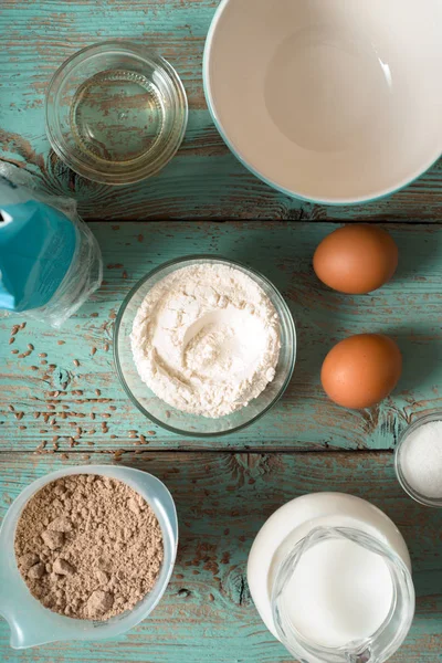 Ingredients for pancakes gluten free on the  blue wooden table top view — Stock Photo, Image