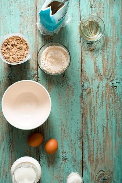 Ingredients for pancakes gluten free on the  blue wooden table vertical — Stock Photo, Image