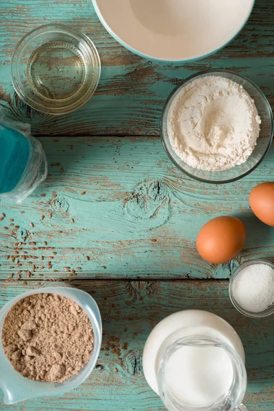 Ingredients for pancakes gluten free on the  blue wooden table — Stock Photo, Image