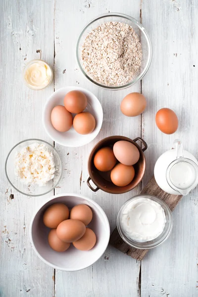 Set of farm products on the white wooden table  vertical — Stock Photo, Image