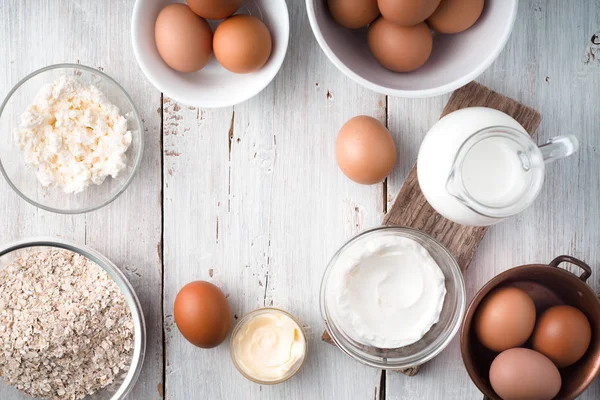 Set of farm products on the white wooden table  horizontal — Stock Photo, Image