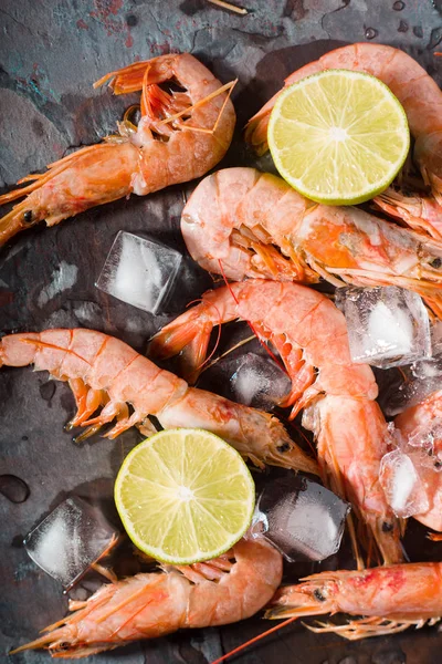 Prawns with lemon and ice cube on the stone background vertical — Stock Photo, Image
