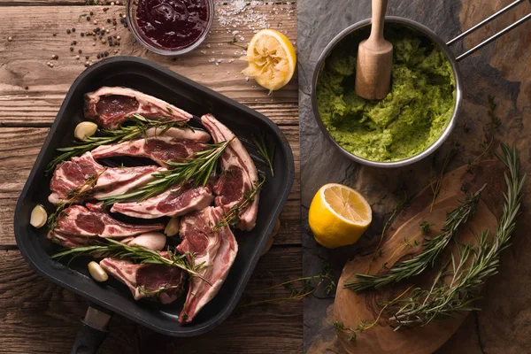 Ribben van lam in steelpan en aardappelpuree in een pollepel en rode biet saus — Stockfoto