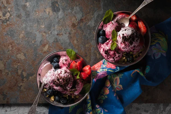 Semifreddo with berries in the metal dessert bowl horizontal — Stock Photo, Image