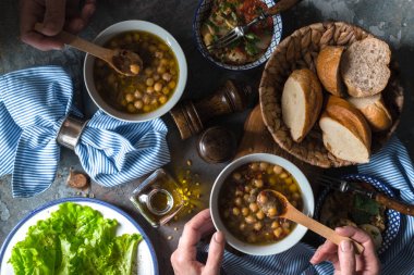 Nohut Çorbası yemek Revithia taş arka plan Üstten Görünüm
