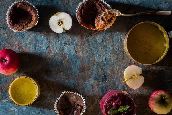 Healthy breakfast with turmeric latte on the stone background top view — Stock Photo, Image