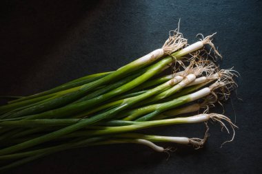 Koyu gri mazisi üzerinde yeşil soğan