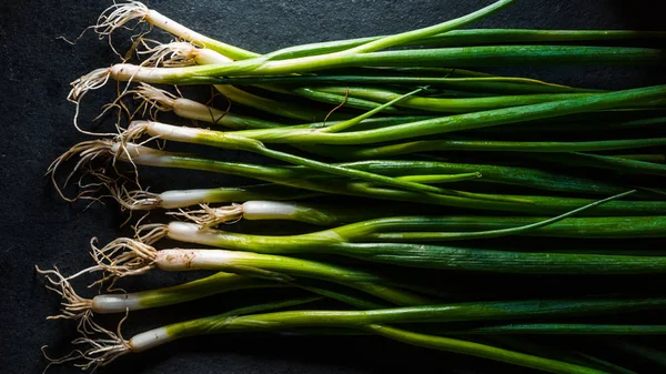 Tablo yüzeyinde yeşil soğan hasat — Stok fotoğraf