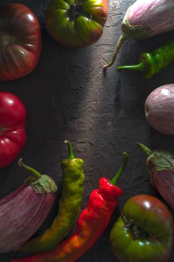 Chili, çok renkli domates ve patlıcan gri bir tablo çerçeve