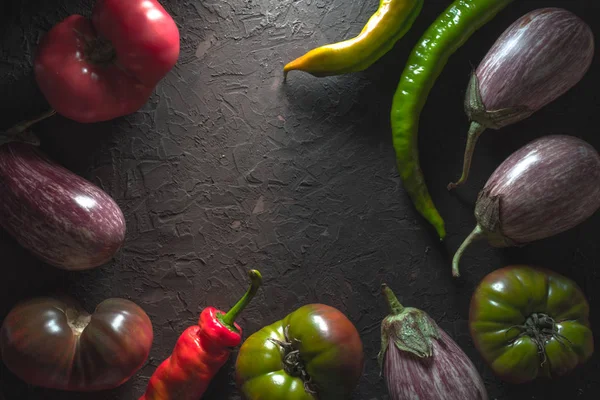 Çok renkli domates, patlıcan ve biber gri bir tablo çerçeve