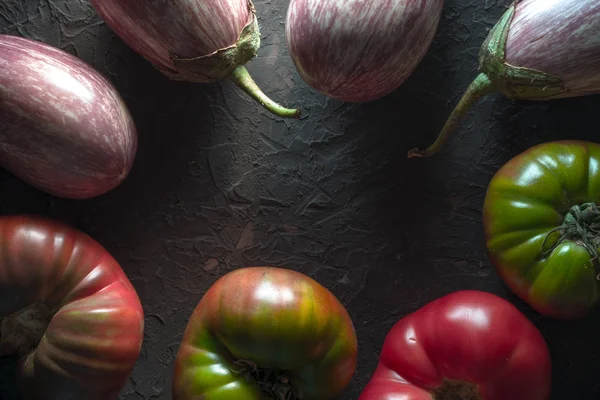 Çok renkli domates ve patlıcan gri bir tablo çerçeve