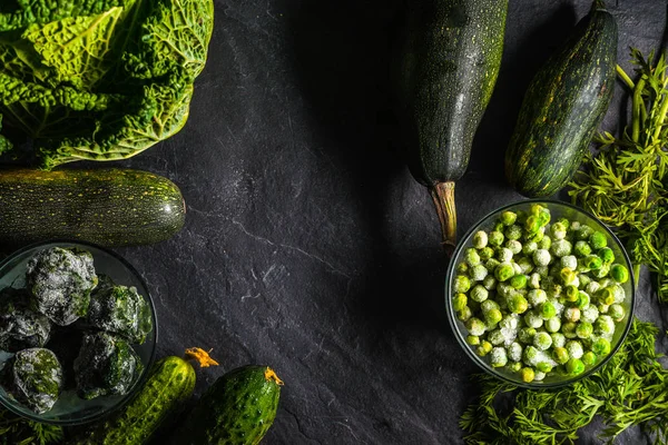 Frame of green vegetables of cucumbers savoy cabbage free space — Stock Photo, Image